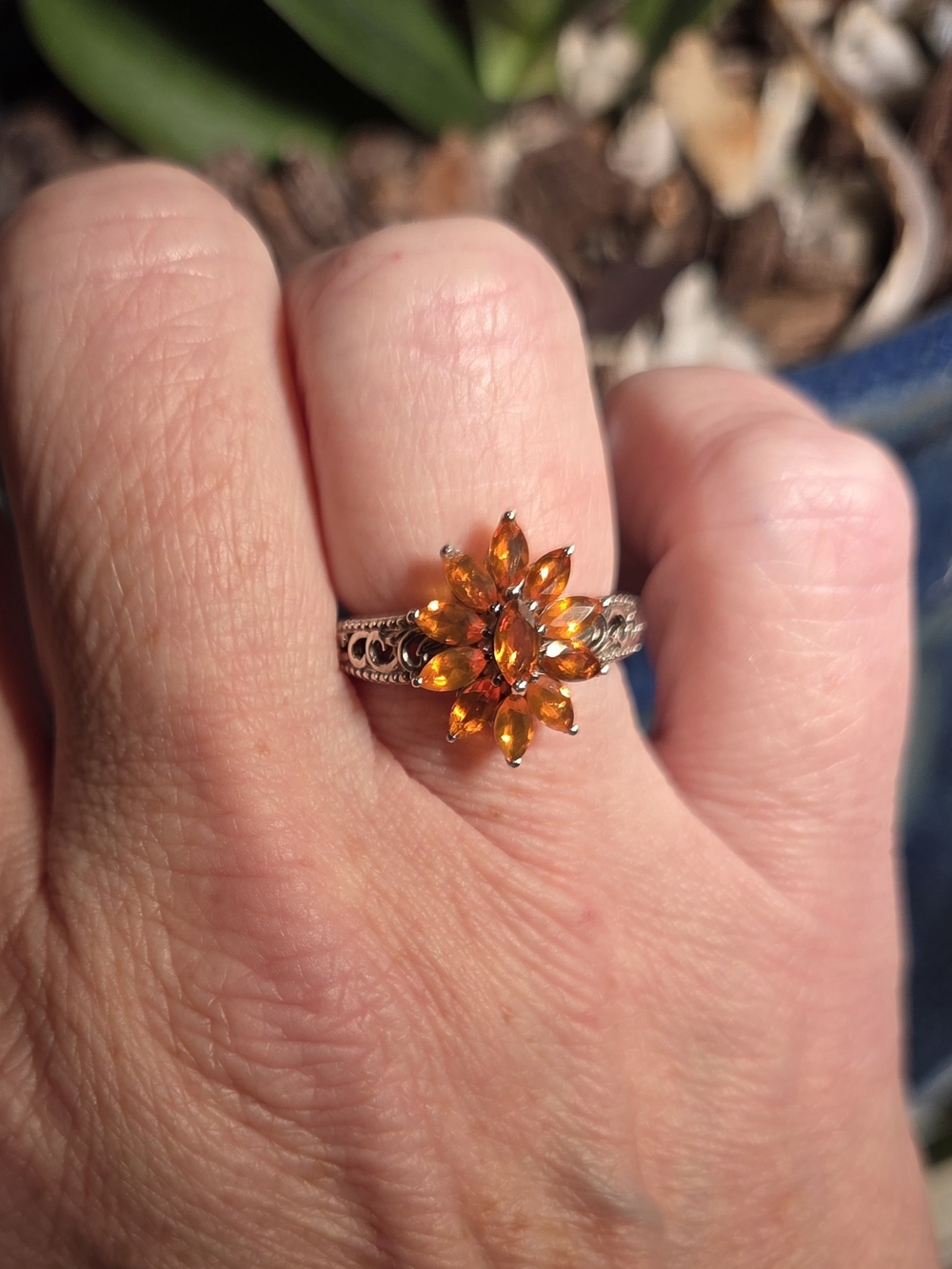 Sterling Silver Floral Citrine-Color Ring - Orange Gemstone